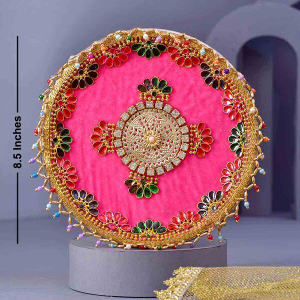 Pink Beads & Crystals Karwachauth PoojaThali & Potli Combo - Image 2