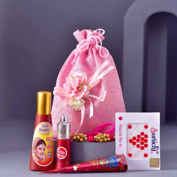 Pink Beads & Crystals Karwachauth PoojaThali & Potli Combo - Image 4