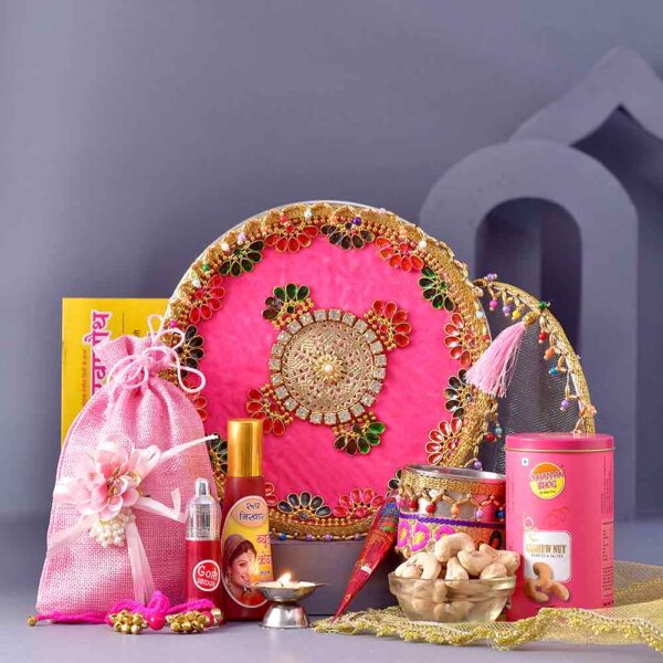 Shringar Potli ,Pink Beads & Crystals Karwachauth PoojaThali & Cashew Hamper