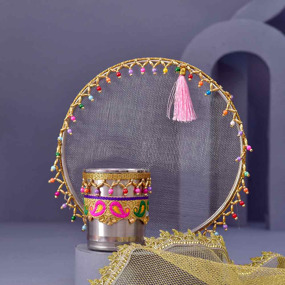 Shringar Potli ,Pink Beads & Crystals Karwachauth PoojaThali & Cashew Hamper