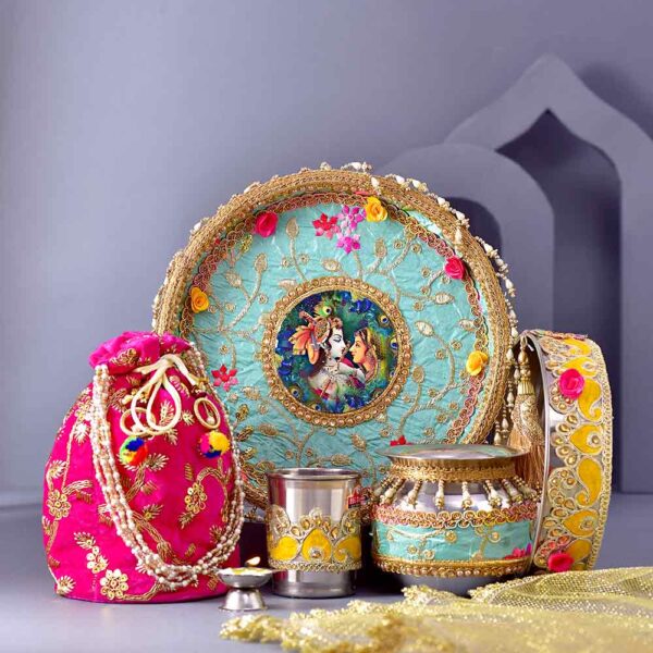 Radha Krishna Karwachauth PoojaThali & Shringar Potli Combo