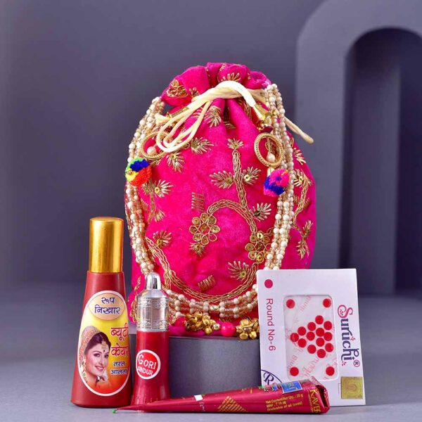 Radha Krishna Karwachauth PoojaThali & Shringar Potli Combo - Image 4