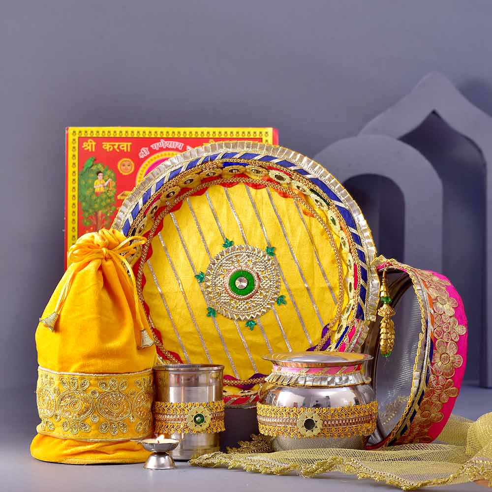 RTraditional Yellow Karwachauth PoojaThali & Shringar Potli Combo