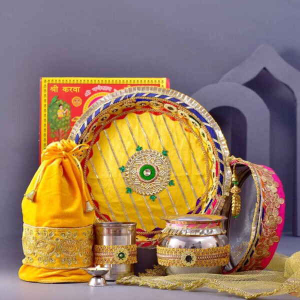 RTraditional Yellow Karwachauth PoojaThali & Shringar Potli Combo