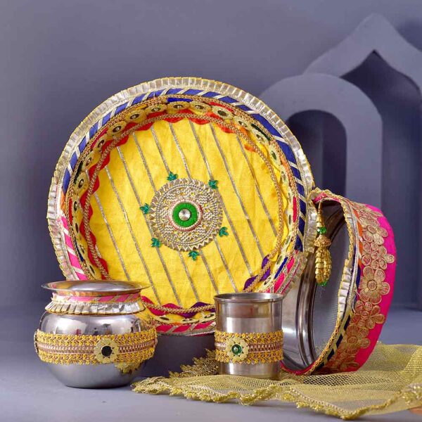 RTraditional Yellow Karwachauth PoojaThali & Shringar Potli Combo - Image 4