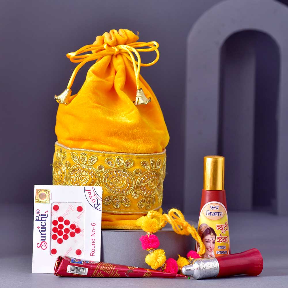 RTraditional Yellow Karwachauth PoojaThali & Shringar Potli Combo