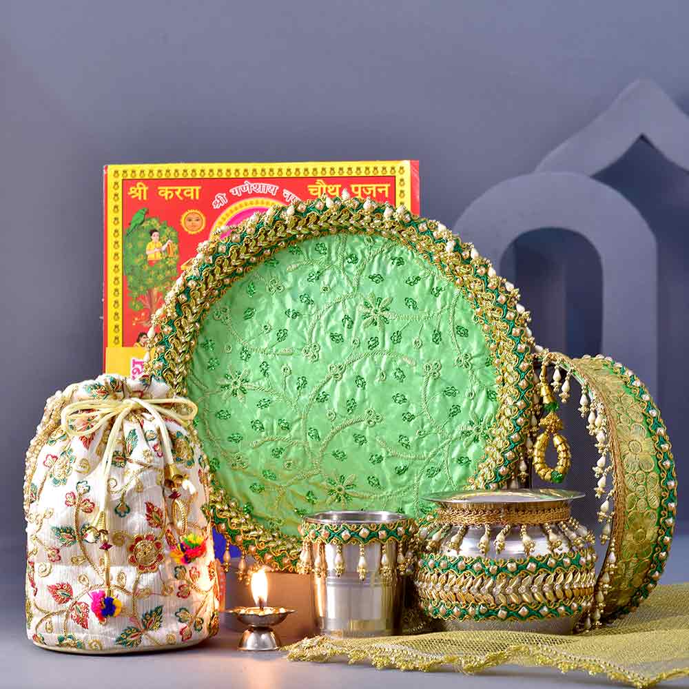 Radha Krishna Karwachauth PoojaThali & Shringar Potli Combo
