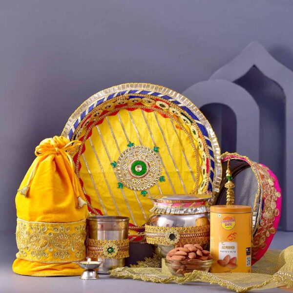 Floral Green Karwachauth PoojaThali & Shringar Potli & Almond Combo