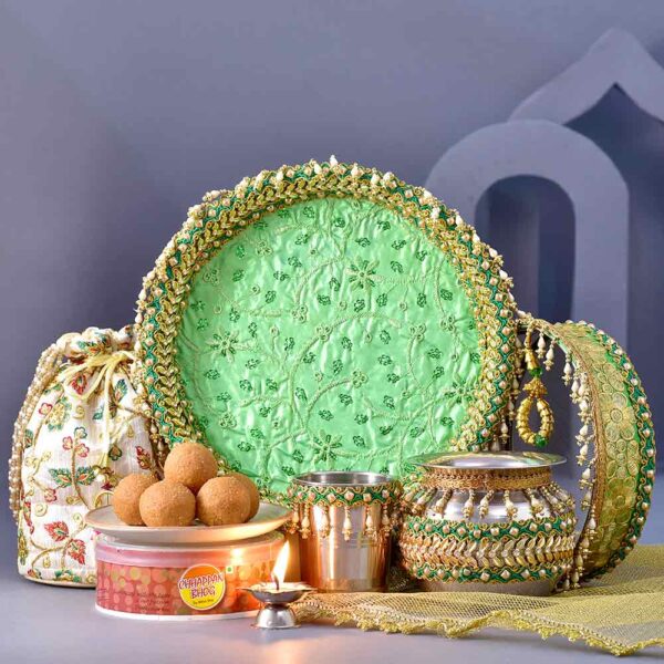 Floral Green Karwachauth PoojaThali & Shringar Potli - Besan Ladoo Combo