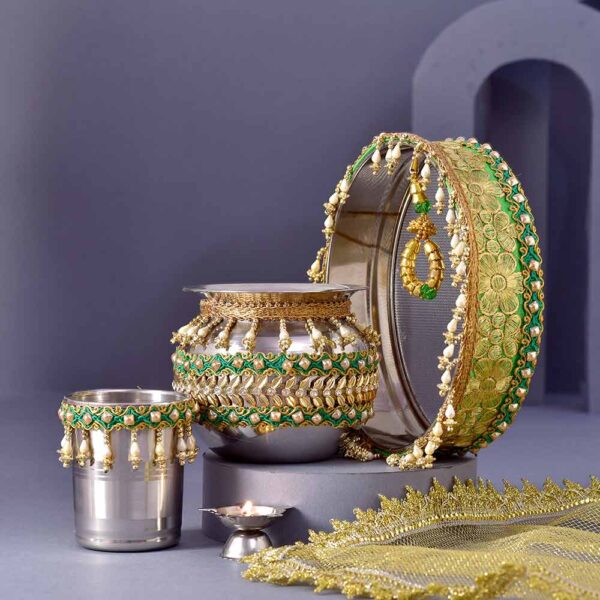 Floral Green Karwachauth PoojaThali & Shringar Potli - Besan Ladoo Combo - Image 4