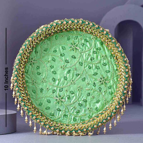 Floral Green Karwachauth PoojaThali & Shringar Potli - Besan Ladoo Combo - Image 6