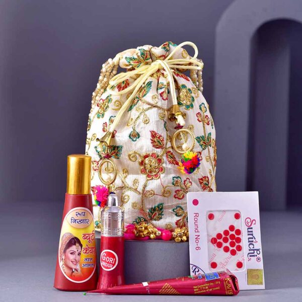 Floral Green Karwachauth PoojaThali & Shringar Potli - Besan Ladoo Combo - Image 2