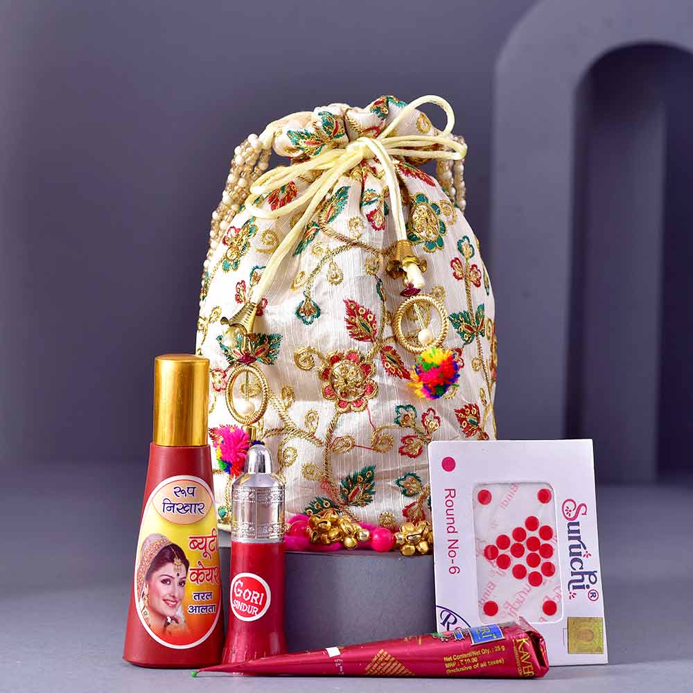Floral Green Karwachauth PoojaThali & Shringar Potli - Besan Ladoo Combo