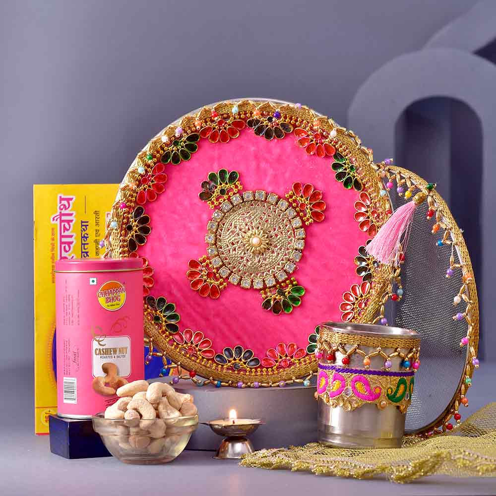 Pink Beads & Crystals Karwachauth PoojaThali & Cashew Nuts Combo
