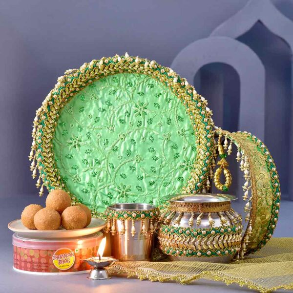 Radha Krishna Karwachauth PoojaThali & Besan Ladoo DuO