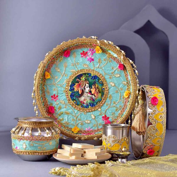 Radha Krishna Karwachauth PoojaThali & Kaju KAtli  Combo