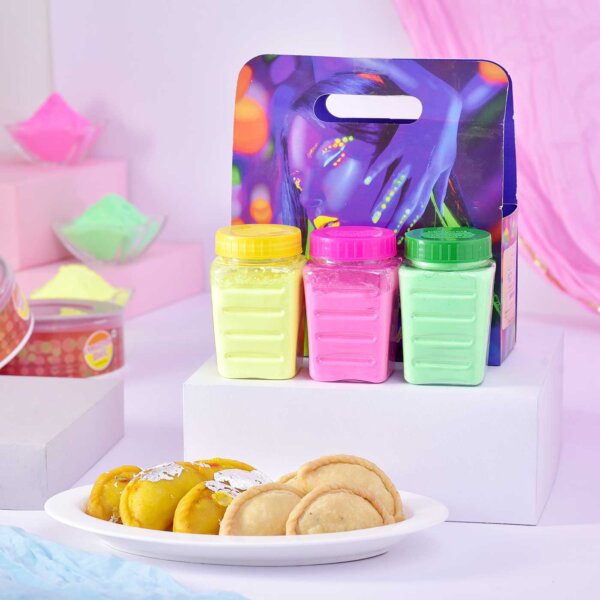 Neon Galaxy HERBAL Gulal Jar with Paghi & Dry Gujiya Trio