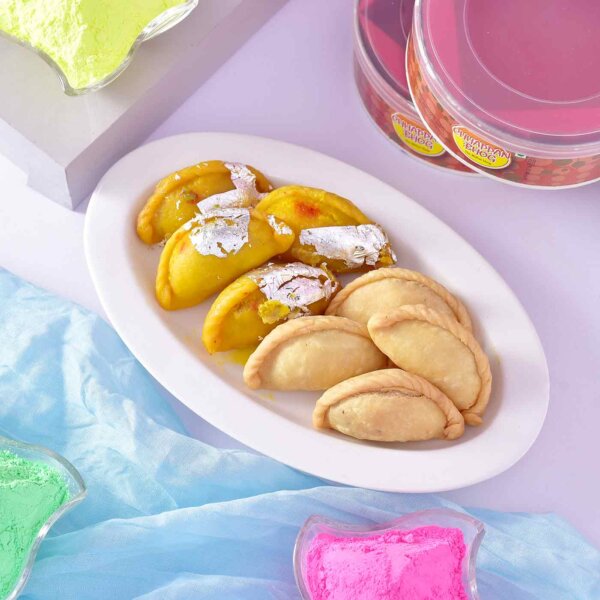 Neon Galaxy HERBAL Gulal Jar with Paghi & Dry Gujiya Trio - Image 3