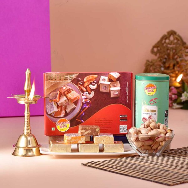 Brass Kerala Deep , Mewa Bite & Pistachios Hamper for usa