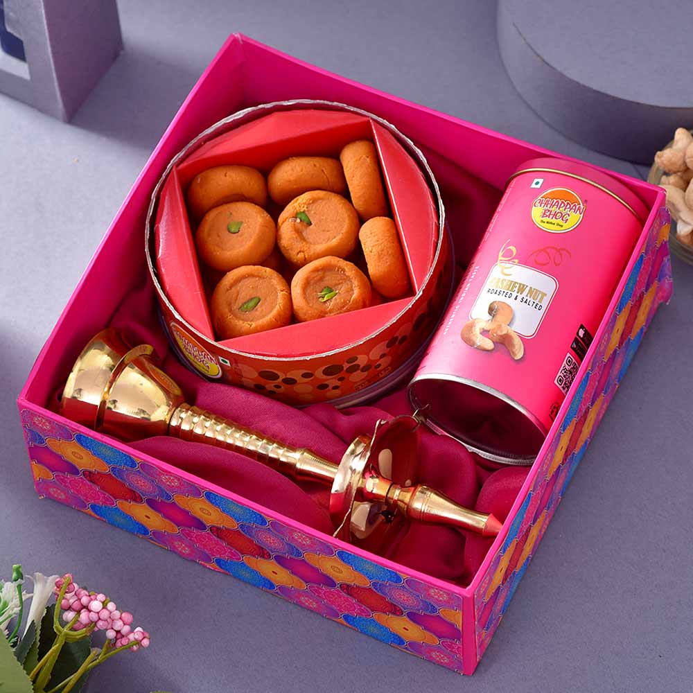 Brass Kerala Deep , Kesar Peda & Cashew Hamper for usa