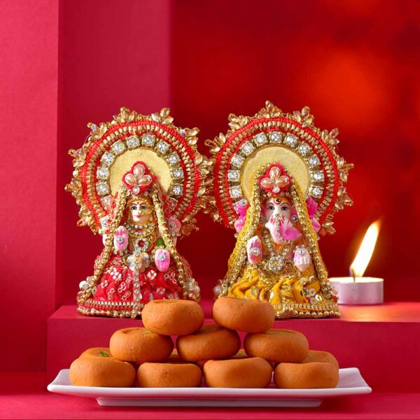 Terracotta Lakshmi & Ganesha & Kesar Peda Hamper for usa